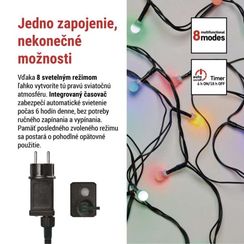 LED vianočná cherry reťaz – guličky, 20 m, vonk. aj vnútor., multicolor, programy, časovač