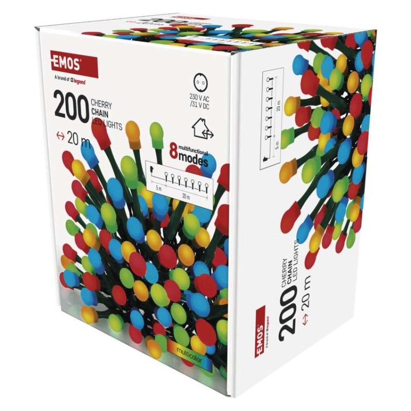 LED vianočná cherry reťaz – guličky, 20 m, vonk. aj vnútor., multicolor, programy, časovač
