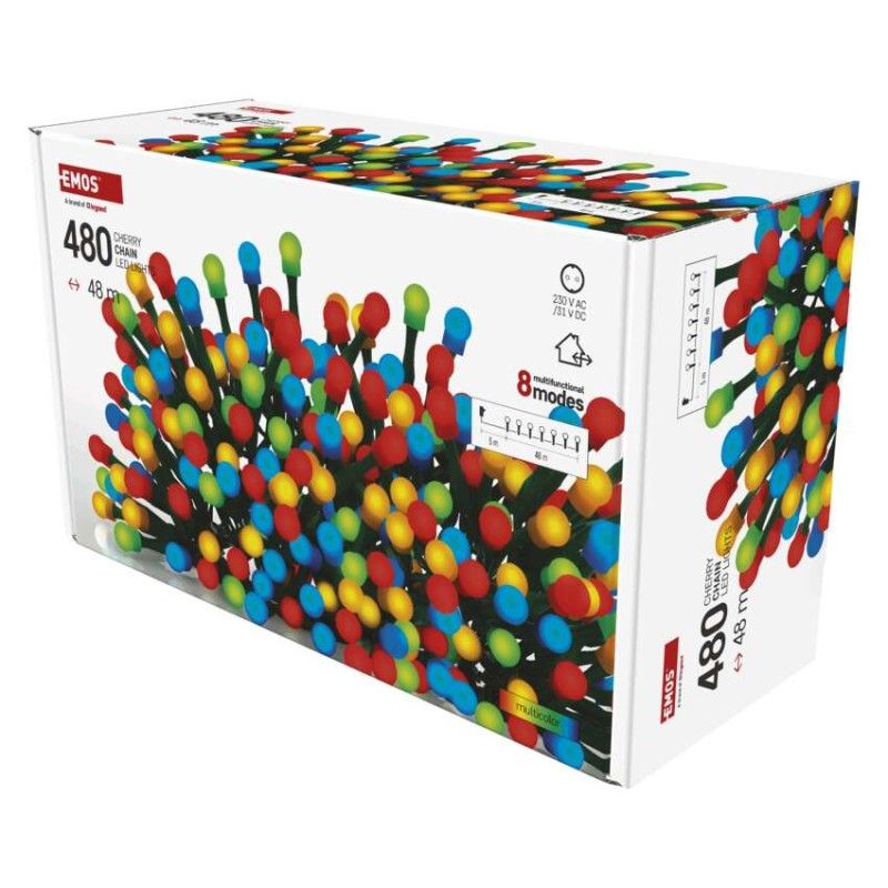 LED vianočná cherry reťaz – guličky, 48 m, vonk. aj vnútor., multicolor, programy, časovač
