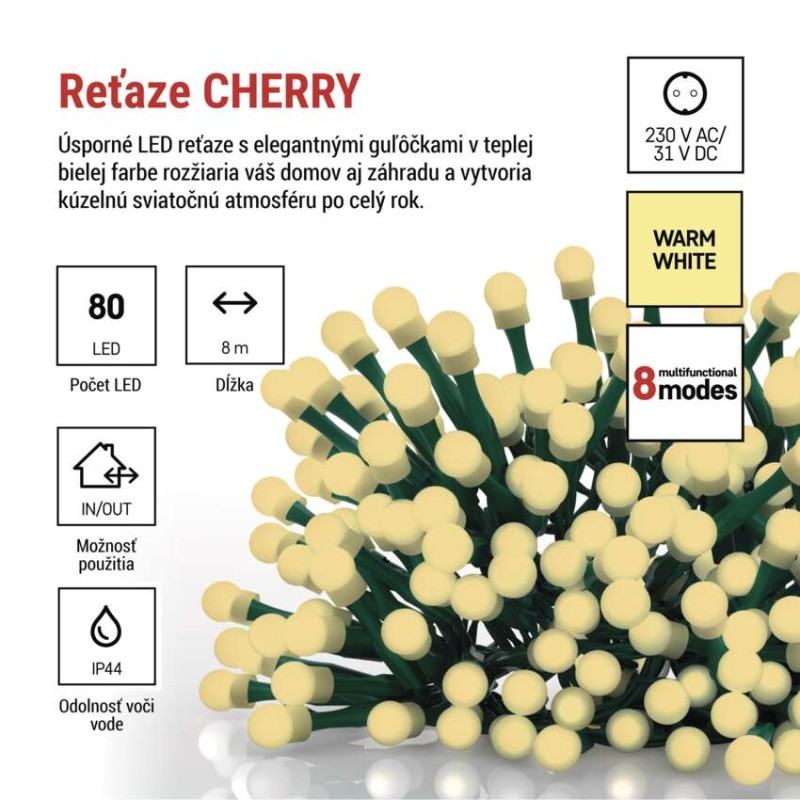 LED vianočná cherry reťaz – guličky, 8 m, vonk. aj vnútor., teplá biela, programy, časovač
