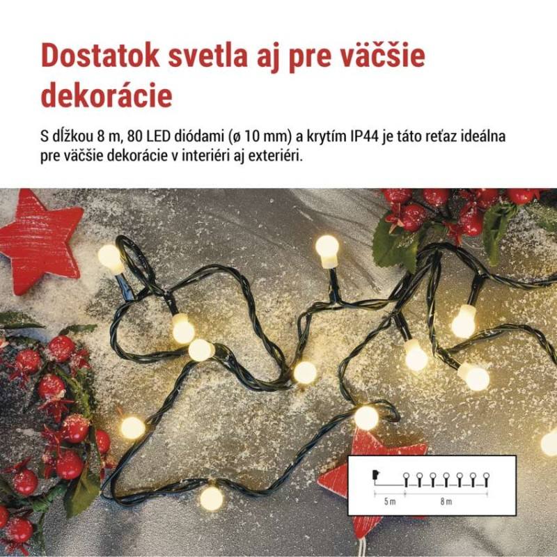 LED vianočná cherry reťaz – guličky, 8 m, vonk. aj vnútor., teplá biela, programy, časovač
