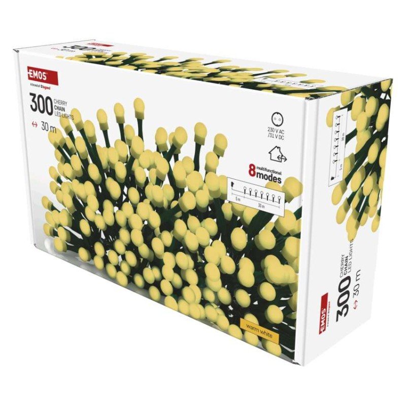 LED vianočná cherry reťaz – guličky, 30 m,vonk. aj vnútor.,teplá biela, programy, časovač