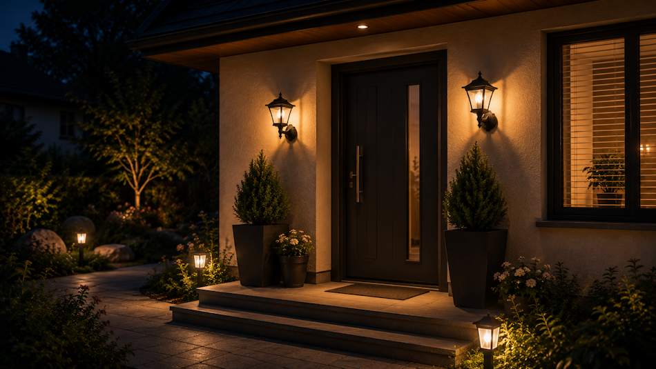 Solárna nástenná lampa Garden of Eden pri vchodových dverách rodinného domu – reprezentatívne osvetlenie vstupu, pár lámp po stranách dverí