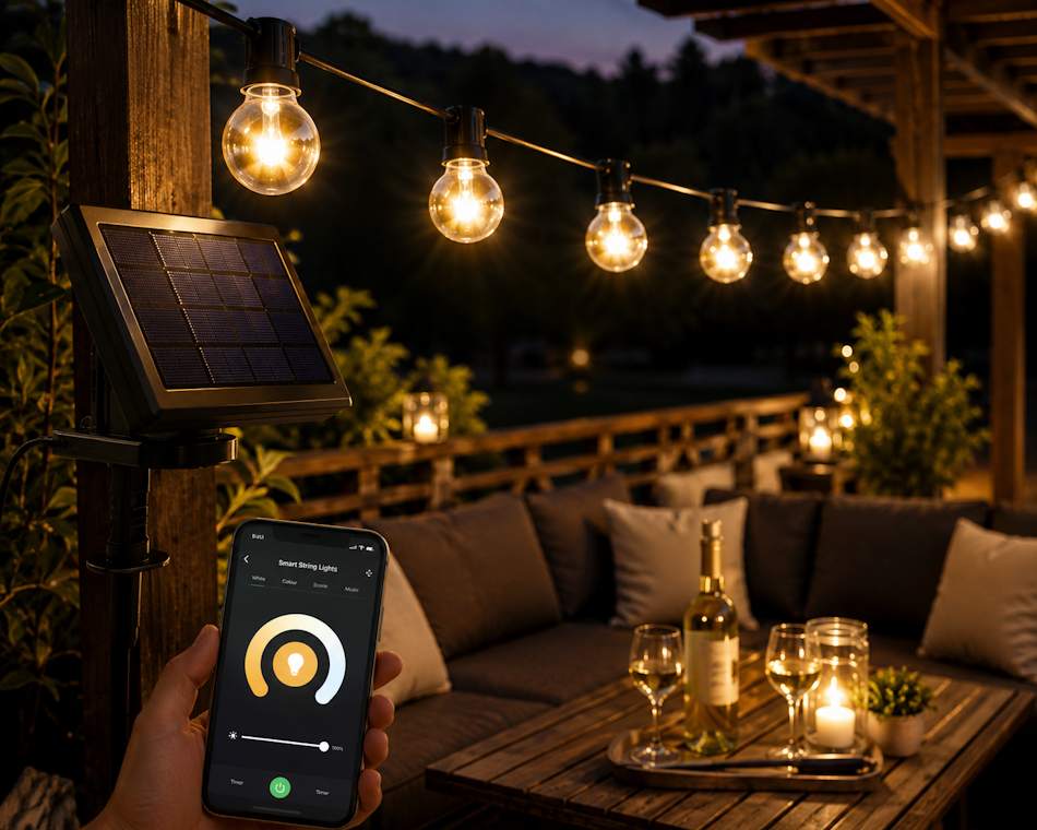 SMART solárna LED reťaz G40 – 15 vintage žiaroviek zavesených na záhradnej terase, ovládanie cez aplikáciu na mobile, solárny panel na stĺpiku, teplá atmosféra pri večernom posedení