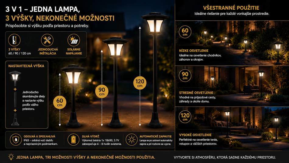 Solárny lampáš Garden of Eden 11404 – tri varianty výšky 60, 90 a 120 cm, prehľad technických vlastností