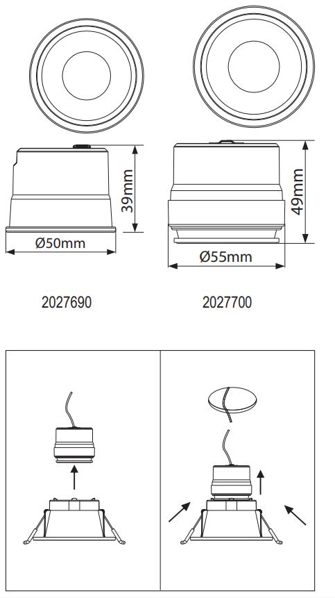 Nákres LED modulov FUTURA 9 W a 11 W s rozmermi a schémou vloženia modulu do rámika PLASY