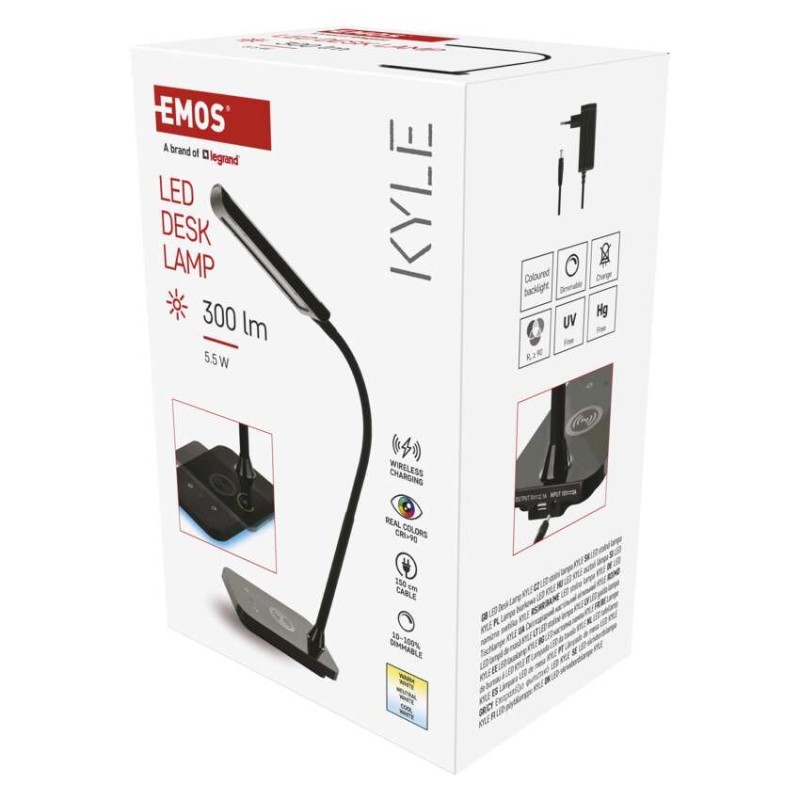 LED stolová lampa KYLE 5,5 W s bezdrôtovým nabíjaním a USB, Ra 90, stmievateľná, čierna