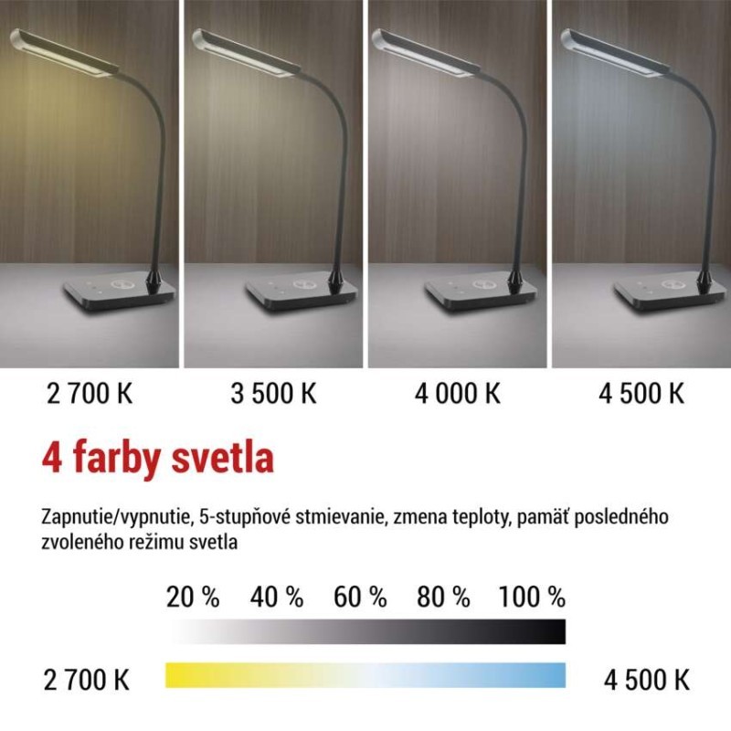 LED stolová lampa KYLE 5,5 W s bezdrôtovým nabíjaním a USB, Ra 90, stmievateľná, čierna