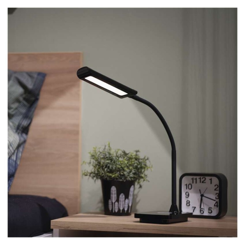 LED stolová lampa KYLE 5,5 W s bezdrôtovým nabíjaním a USB, Ra 90, stmievateľná, čierna