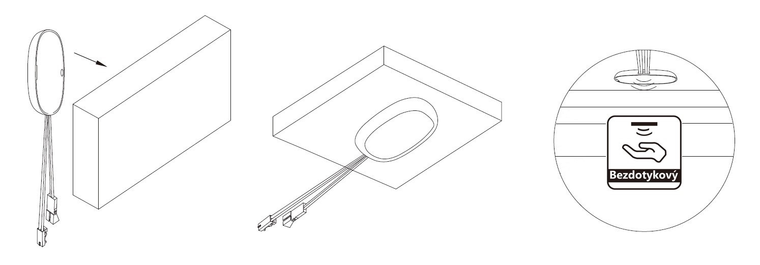 Bezdotykový vypínač LED pásu do nábytku pre jednu vetvu, stmievateľný, do 60 W (KM-VBS-01SS)