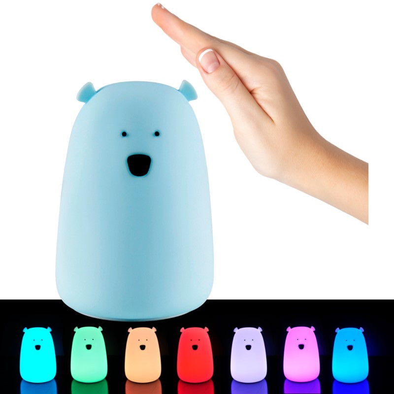 Detská nabíjacia LED lampa MACO, silikónová, teplá biela a RGB, modrá
