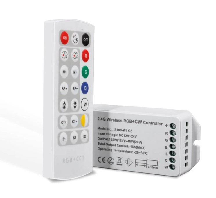 Ovládač pre LED pásy RGB s teplou a studenou bielou (RGB+CCT) s diaľkovým ovládaním RF, 12 V 192 W / 24 V 240 W (KM-RGB+WW+CW-10)
