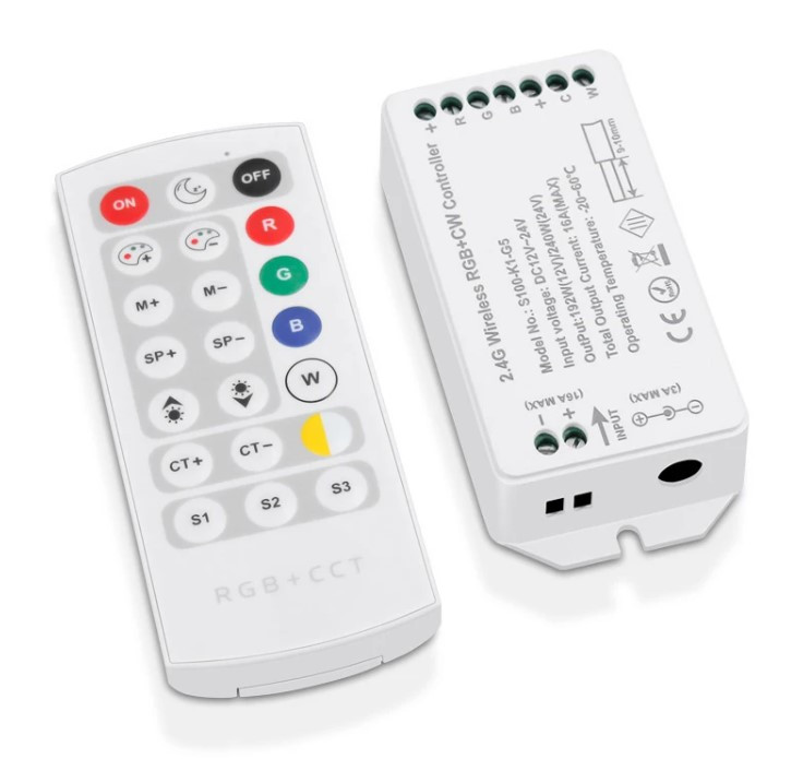 Ovládač pre LED pásy RGB s teplou a studenou bielou (RGB+CCT) s diaľkovým ovládaním RF, 12 V 192 W / 24 V 240 W (KM-RGB+WW+CW-10)