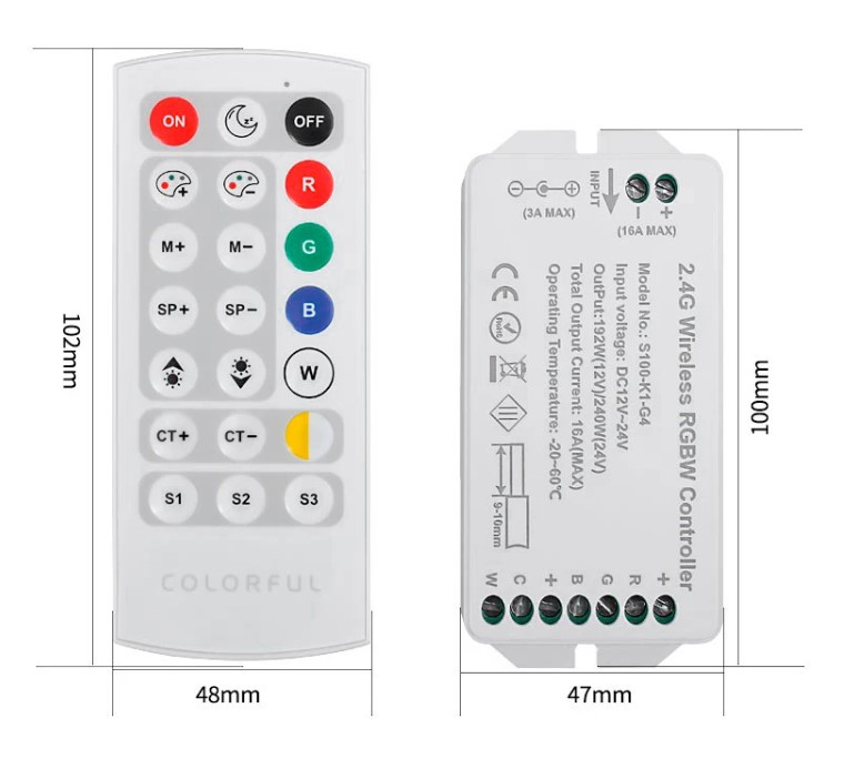 Ovládač pre LED pásy RGB s teplou a studenou bielou (RGB+CCT) s diaľkovým ovládaním RF, 12 V 192 W / 24 V 240 W (KM-RGB+WW+CW-10)