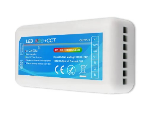 8-zónový prijímač RF pre LED pásy RGB s teplou a studenou bielou (RGB+CCT), 12 V 240 W / 24 V 480 W (KM-RGB+WW+CW-8Z-30)