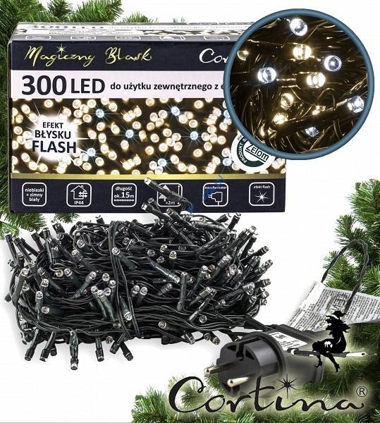 LED vianočná reťaz 3-17, 15 m, 300 LED, vonkajšia aj vnútorná, teplá biela, FLASH studená biela