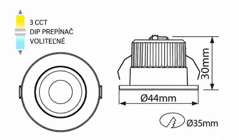 Rozmerový nákres svietidla TRIPLET – vonkajší priemer 44 mm, montážny otvor 35 mm, hĺbka 30 mm