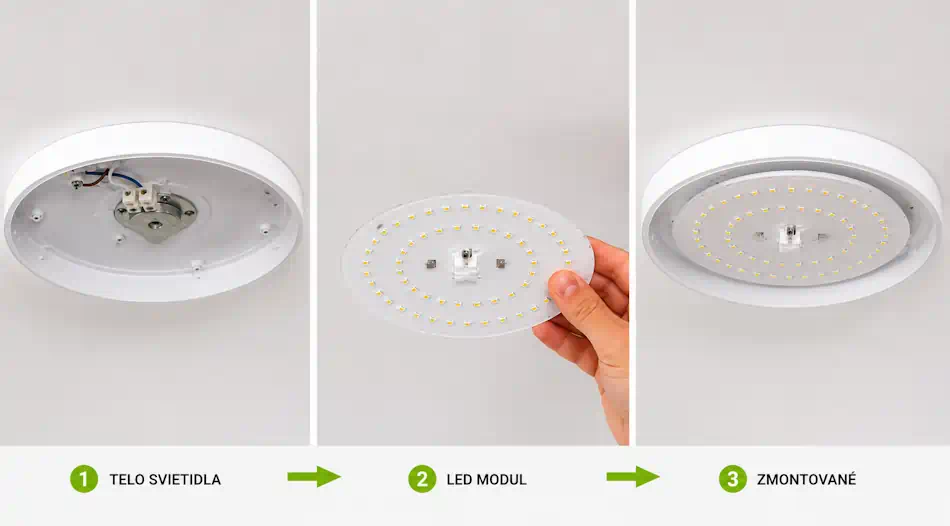 LED magnetický modul – rozložené časti: telo svietidla, modul, zmontované svietidlo