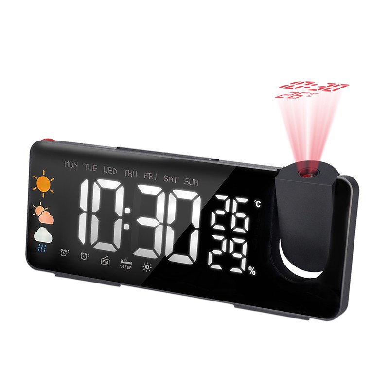 Projekčné hodiny s meteostanicou a FM rádiom, teplota, vlhkosť, 2 budíky, čierne (CA05)