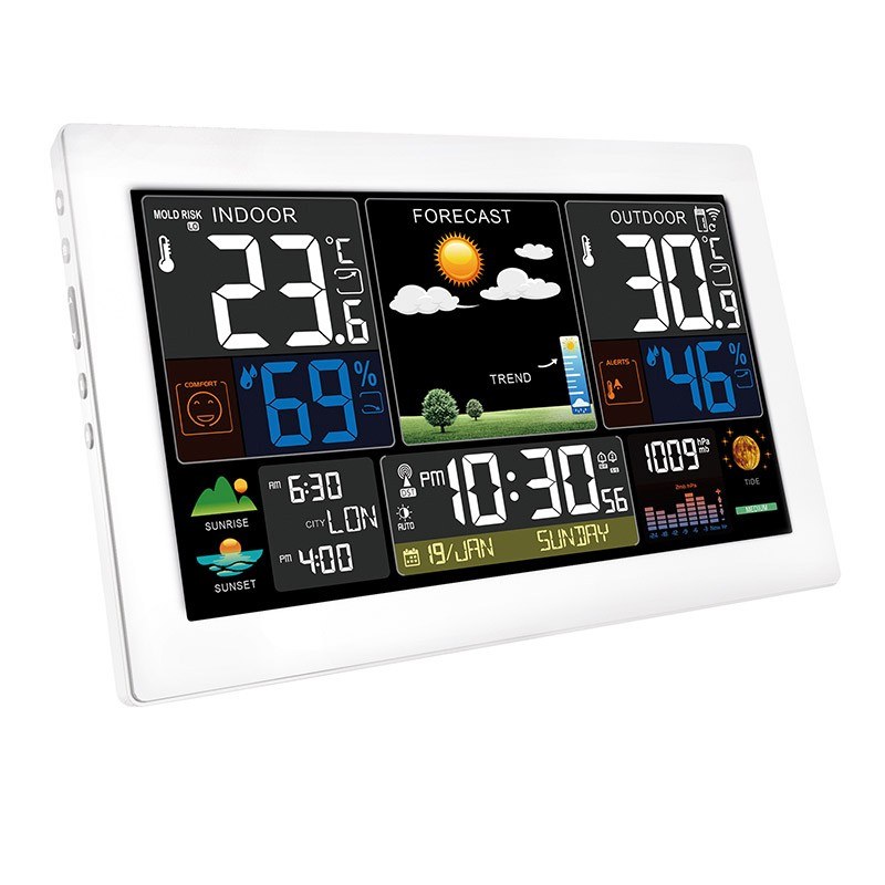 Meteostanica s extra veľkým farebným displejom 22 cm, teplota, vlhkosť, tlak, DCF, 2 budíky, biela (TE81W-XL)