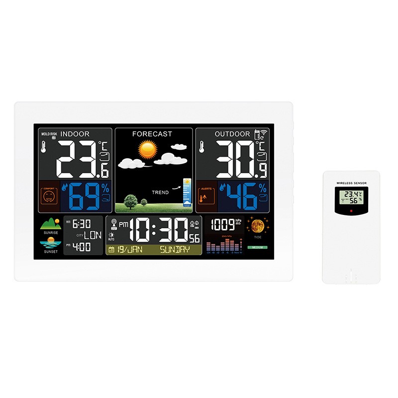 Meteostanica s extra veľkým farebným displejom 22 cm, teplota, vlhkosť, tlak, DCF, 2 budíky, biela (TE81W-XL)