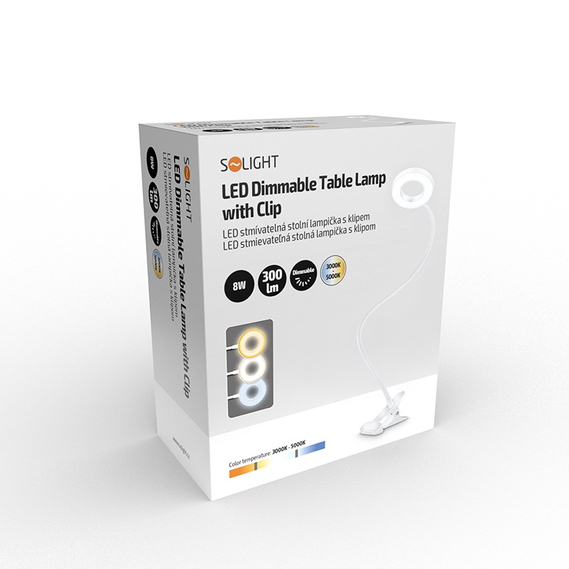 LED lampička s klipom 8 W, 300 lm, 3 farby svetla, 9 stupňov jasu, USB, biela (WO66-W)