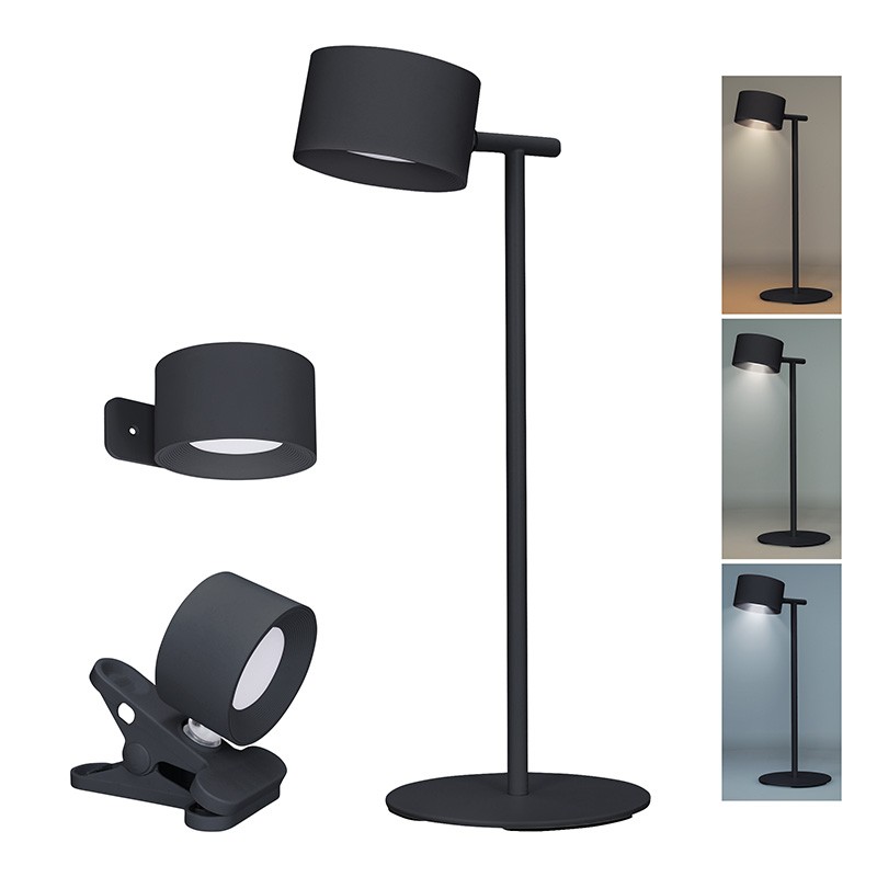 Nabíjacia LED lampička 3v1 4 W, 280 lm, stojan, klip aj na stenu, čierna (WO68-B)