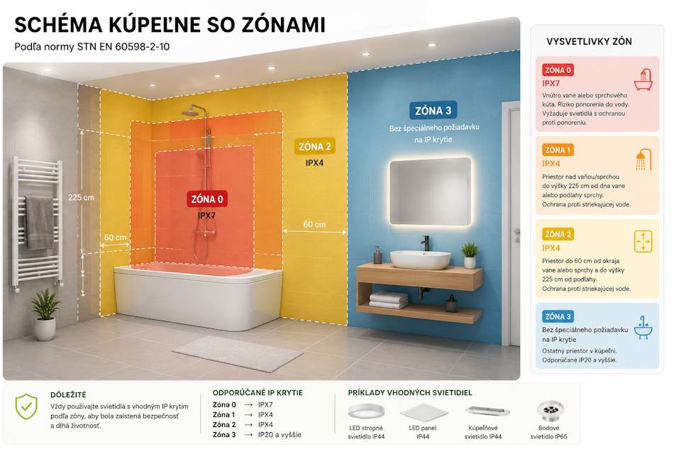 Schéma kúpeľne so zónami 0, 1, 2 a vyznačením požadovaného IP krytia