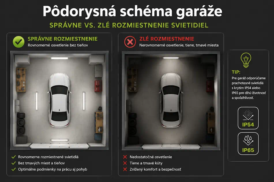 Schéma správneho rozmiestnenia LED svietidiel v garáži a dielni