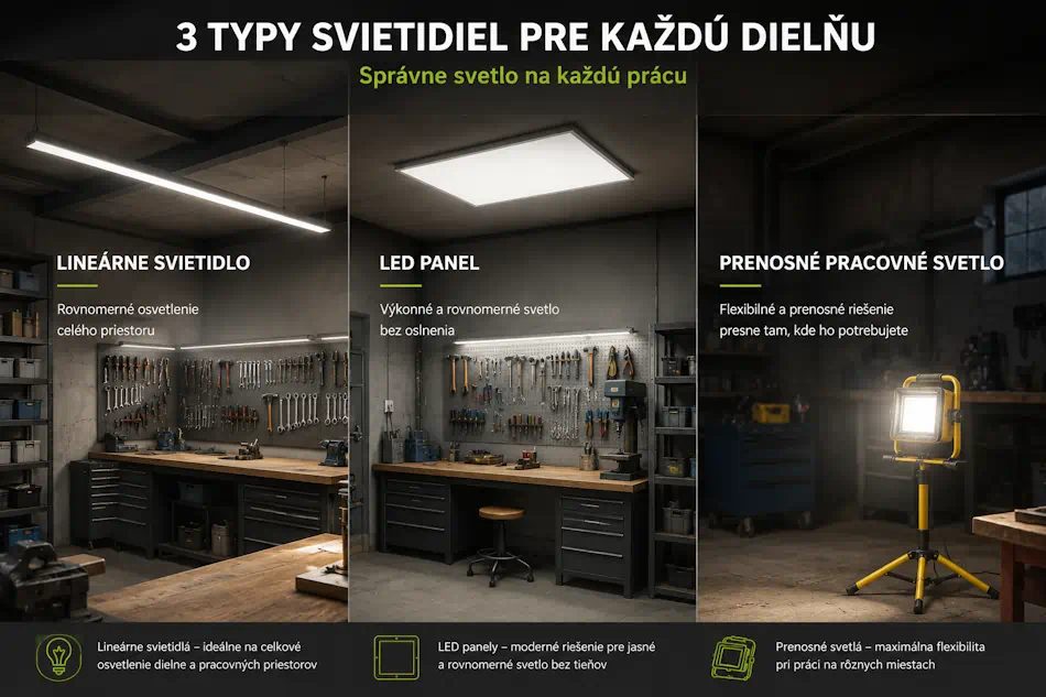 Typy LED svietidiel pre dielňu: lineárne prachotesné, LED panel, prenosné pracovné svetlo