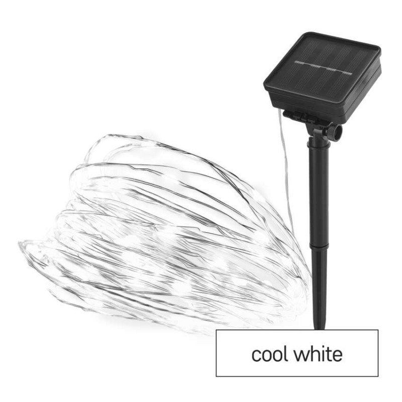 LED nano reťaz so solárnym panelom, 12 m, vonkajšia aj vnútorná, studená biela, časovač