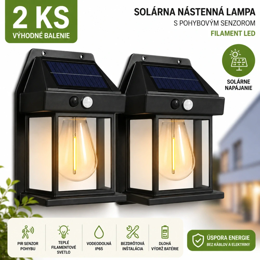 Solárna nástenná lampa PIR – filament LED – čierna