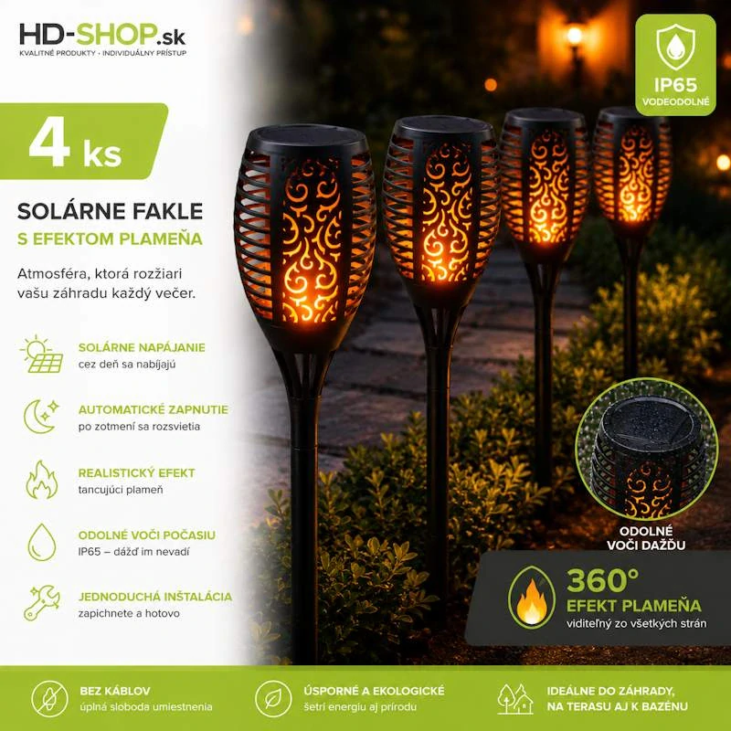 Solárna záhradná fakľa – efekt plameňa 360°, 12 LED, 58 cm, automatická