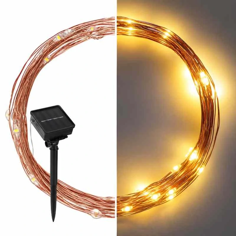 LED nano reťaz so solárnym panelom, medená, 12 m, vonkajšia aj vnút., teplá biela, časovač
