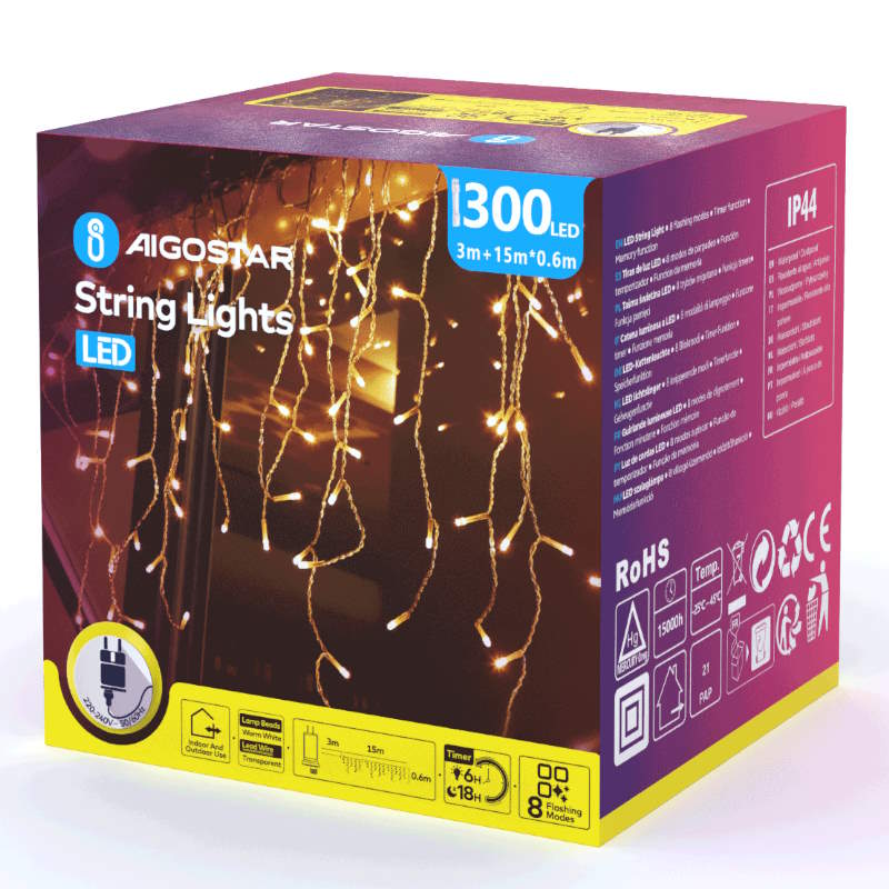 Vianočná LED reťaz "cencúle" 3m + 10m x 0,6 m  teplá biela