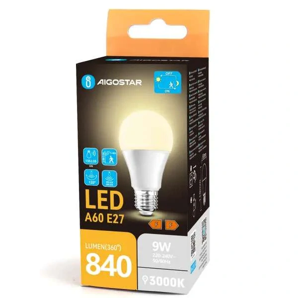 LED žiarovka so súmrakovým a pohybovým senzorom, 9W, teplá biela