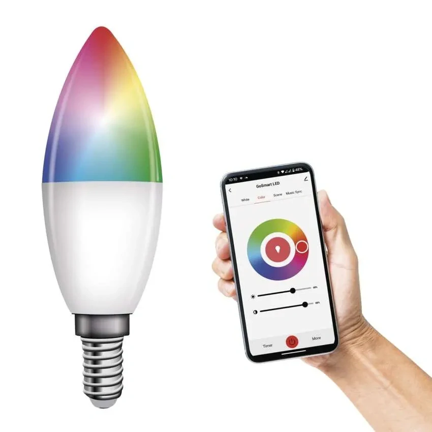 GoSmart sviečka E14 — RGB farby, biela paleta a stmievanie v aplikácii EMOS GoSmart