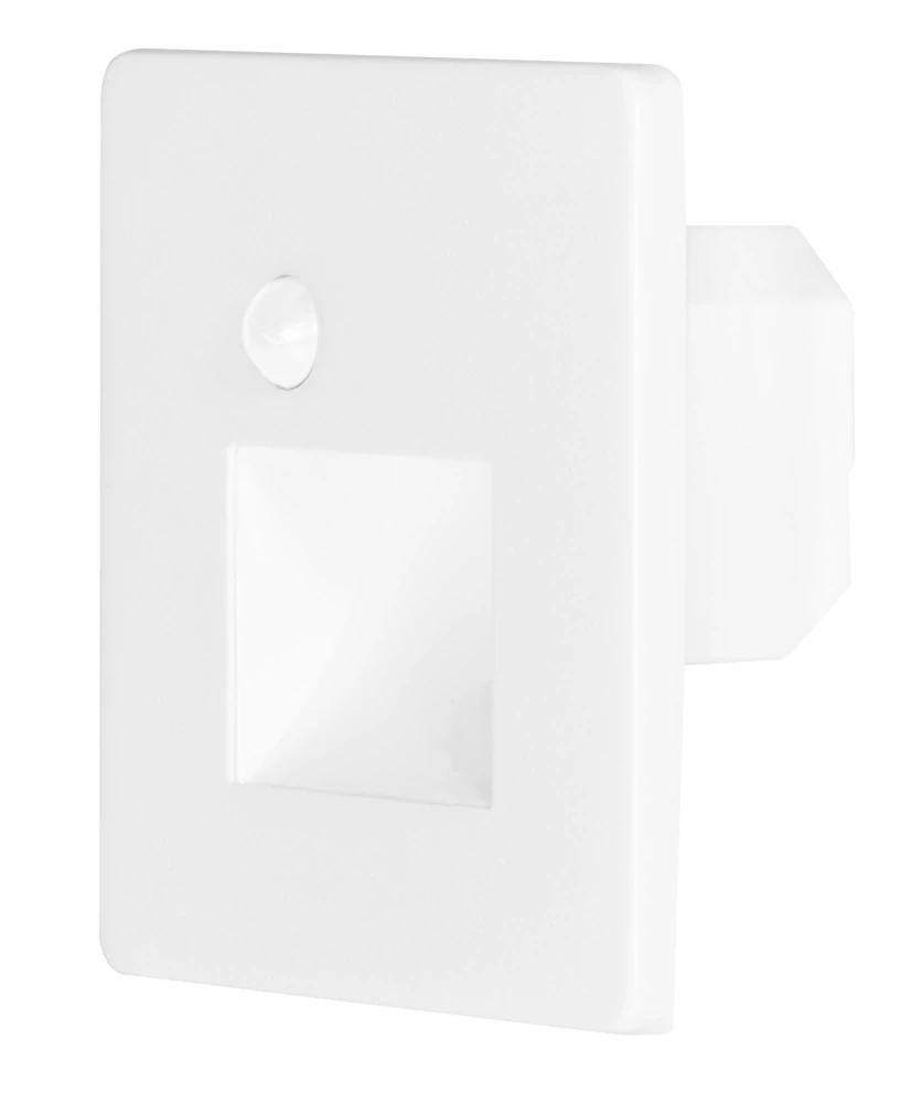 Ecolite STEP SSS-S80-SQ/PIR/BI bočný pohľad – štvorcový kryt so senzorom a teleso do inštalačnej krabice