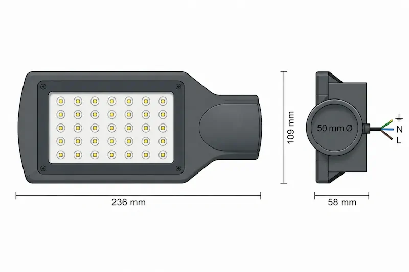 LED pouličné svietidlo 30W nasadené na stĺpe verejného osvetlenia