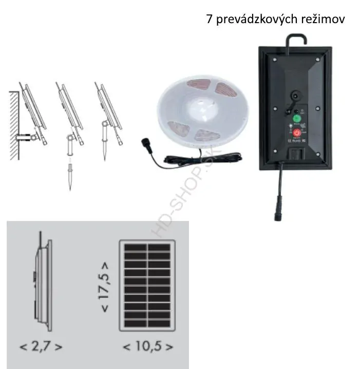 Solárny LED pás s diaľkovým ovládaním 5m