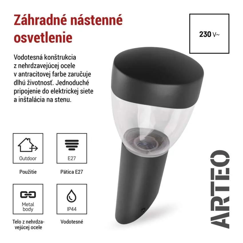 Záhradné nástenné svietidlo ARTEO, antracit, E27, IP44