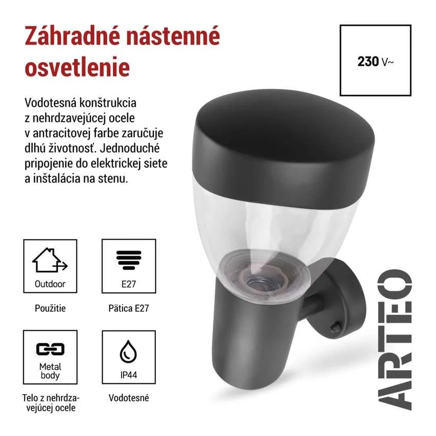 Záhradné nástenné svietidlo ARTEO, antracit, E27, IP44