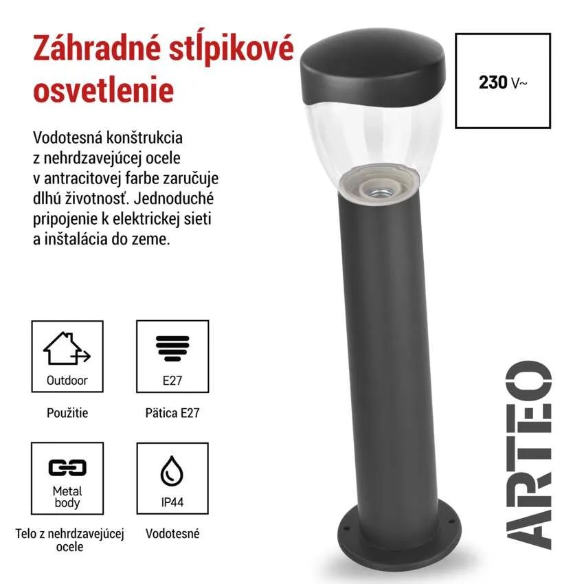 Záhradné stĺpikové svietidlo ARTEO, 50cm, antracit, E27, IP44