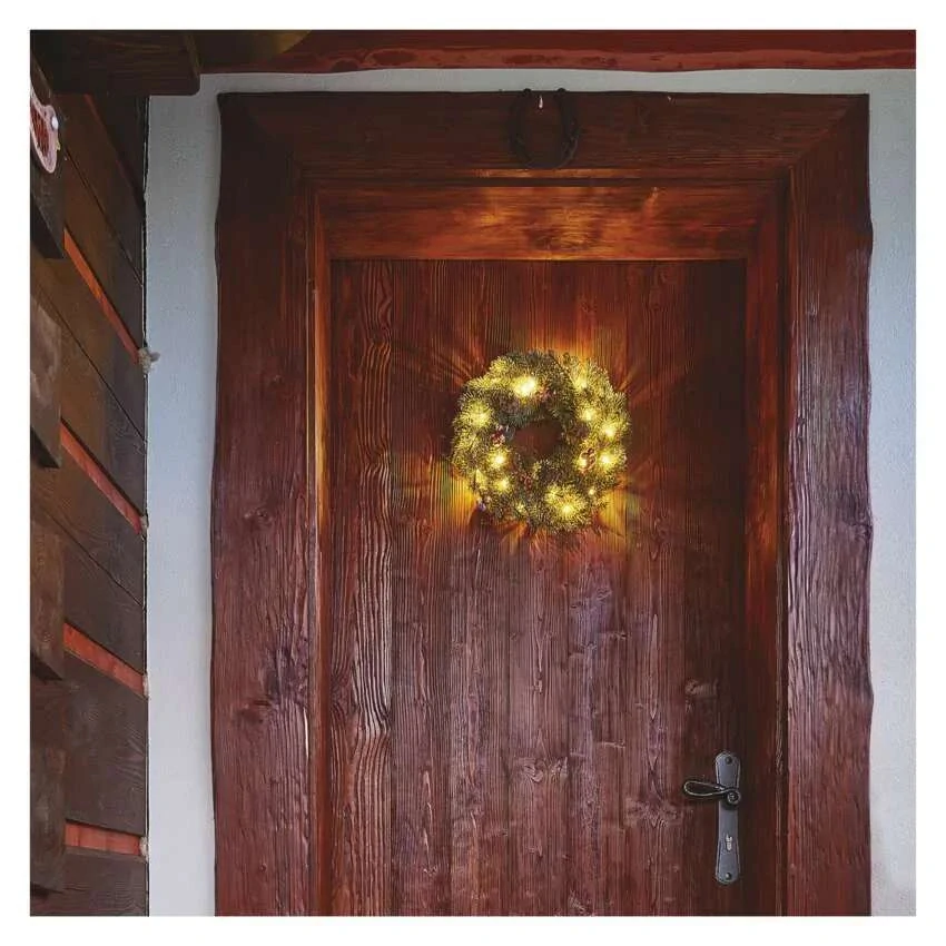 LED vianočný veniec zasnežený, 38 cm, 2x AA, vnútorný, teplá biela, časovač