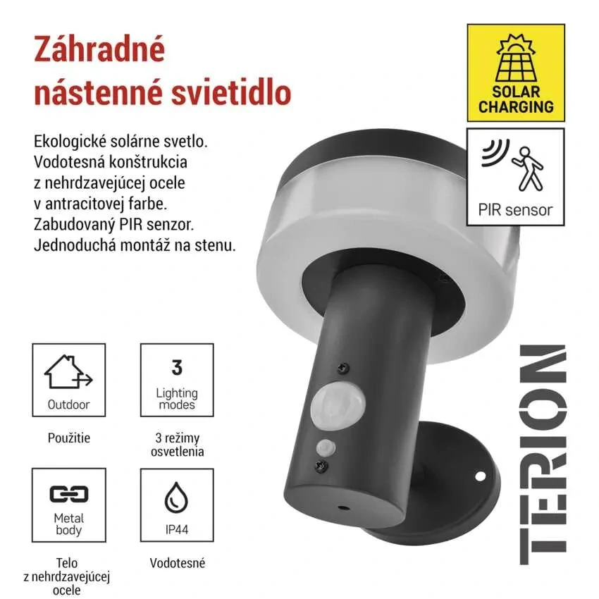 LED nástenné solárne svietidlo so senzorom pohybu TERION