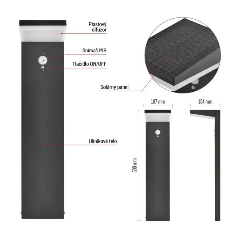 LED solárne stĺpikové svietidlo VEREA 4,4 W 3000 K IP44 čierne