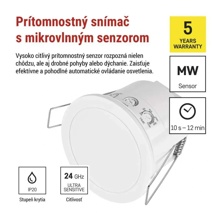 Mikrovlnný senzor prítomnosti IP20 24GHZ 2000W, biely