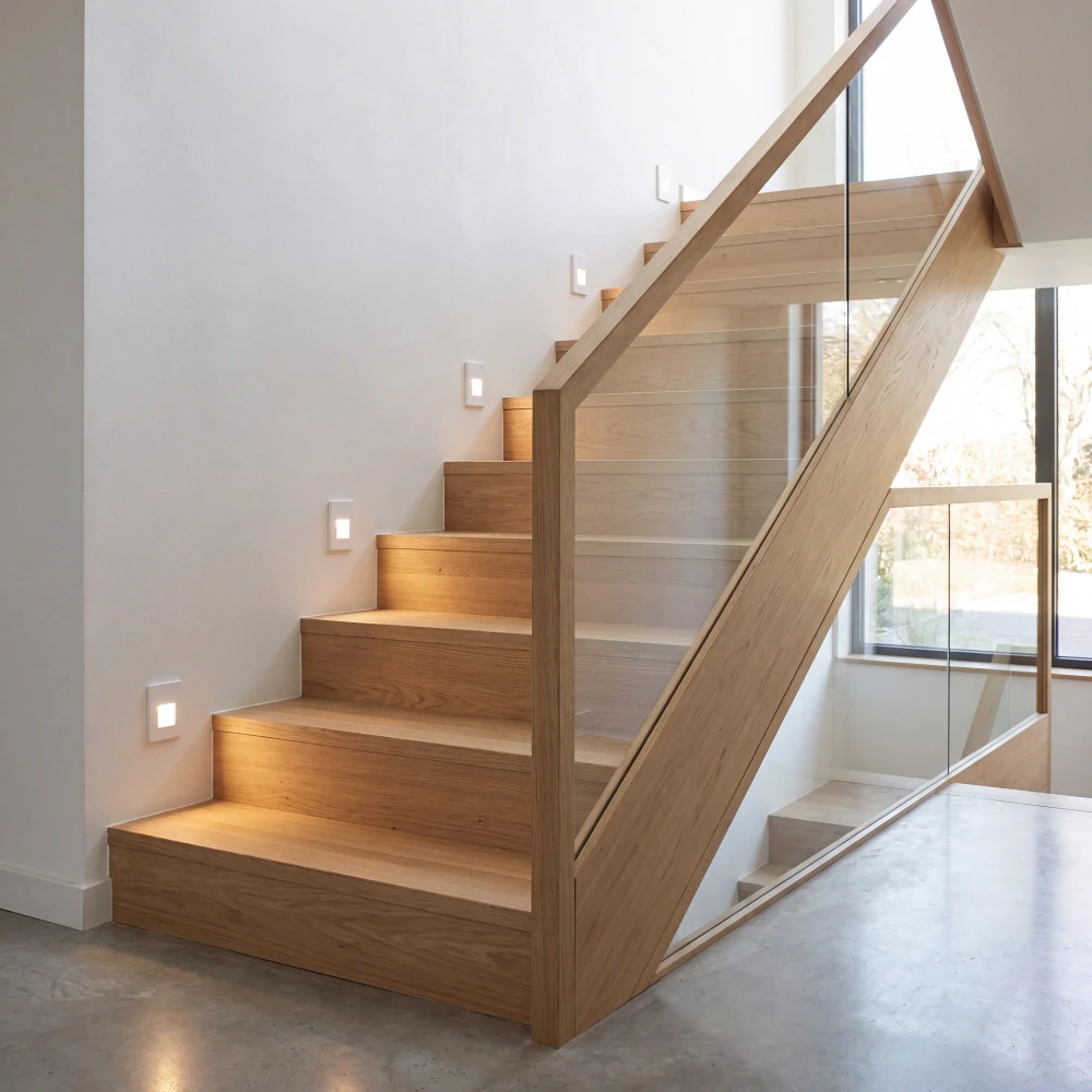 Štvorcové biele schodiskové svietidlá Ecolite STEP SSN-S80-SQ/BI pozdĺž dreveného schodiska