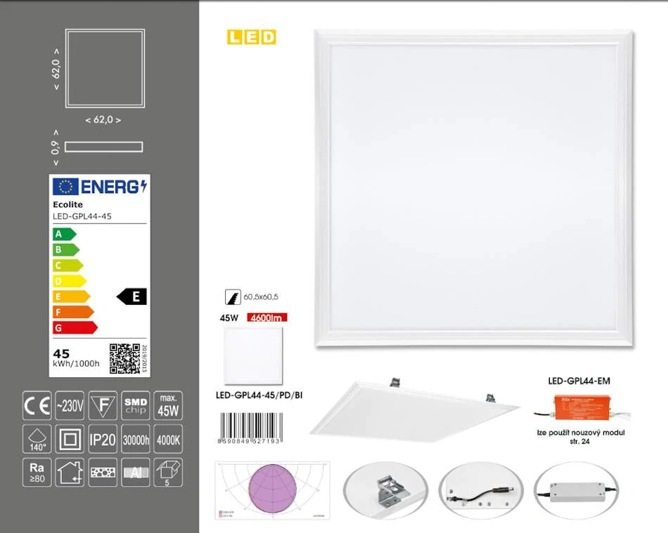 Ecolite ZEUS LED panel GPL44-45 PD montáž do sadrokartónu — detail pružín a rámu