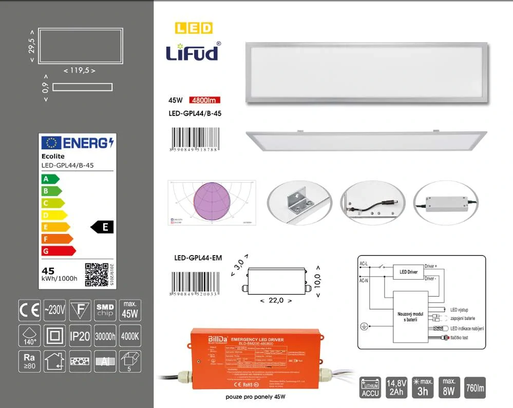 Ecolite podhľadový LED panel LED-GPL44/B-45 45W 4000K 4800 Lm strieborný